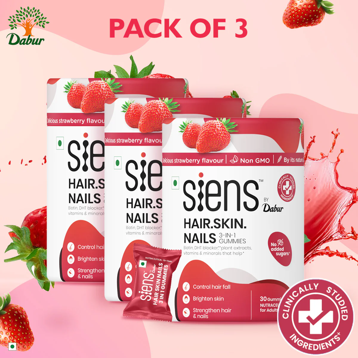 Siens By Dabur Hair, Skin & Nails (3 in 1 Gummies) | Brightens Skin, Control Hairfall, Strengthens Hair & Nails - Image 3