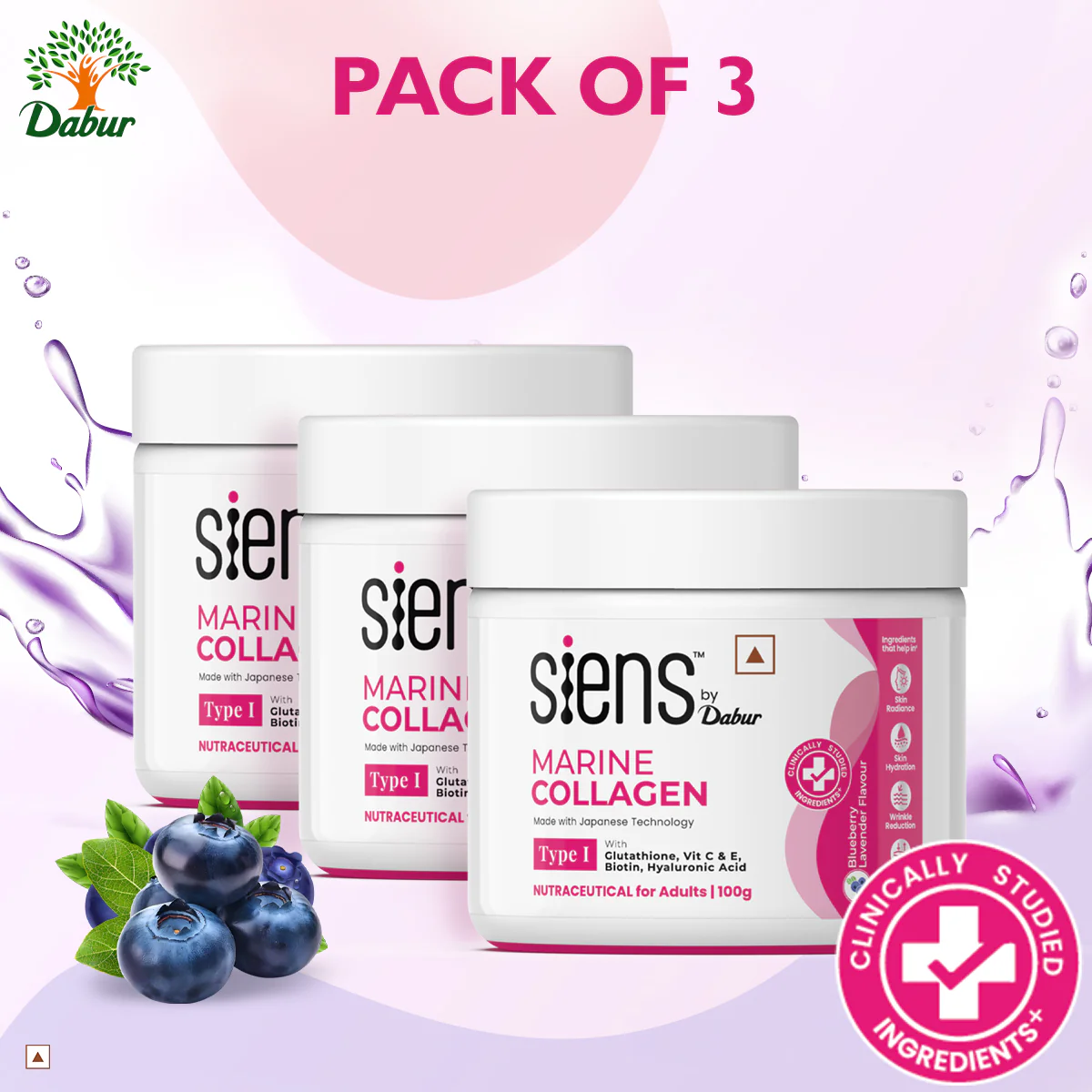 Siens By Dabur Hydrolyzed Marine Collagen | Powder with Glutathione, Hyaluronic Acid, Vitamin C Blueberry Lavender - Image 6